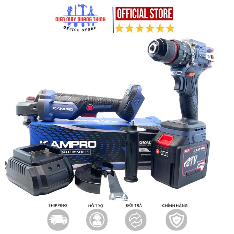    DEAL   ComBo KAMPRO Máy Mài K96100PRO  Máy Khoan 10Li K21pro  Kèm Pin 20Cell Sạc - Động Cơ Không Chổi Than Chân Pin Phổ Thông 