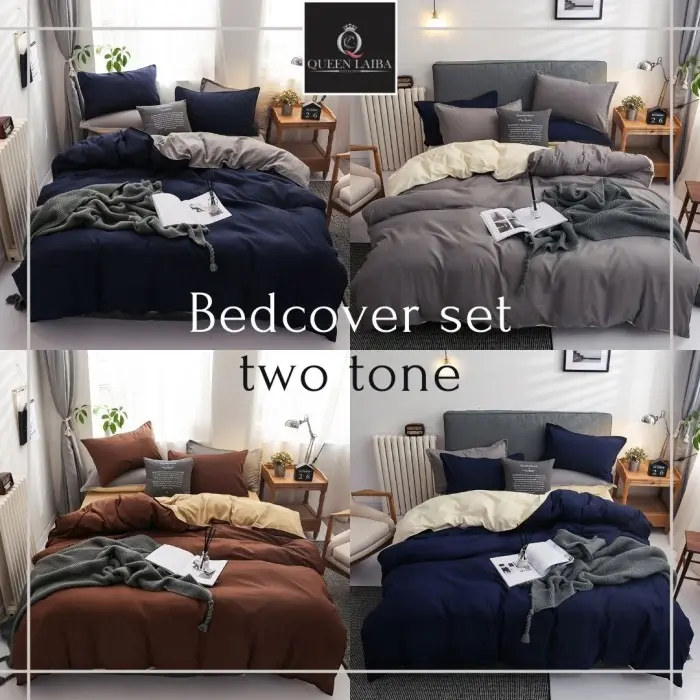 Hot Sale- Bed cover Set Two tone Minimalise Selimut badcover Set 160x200 Premium