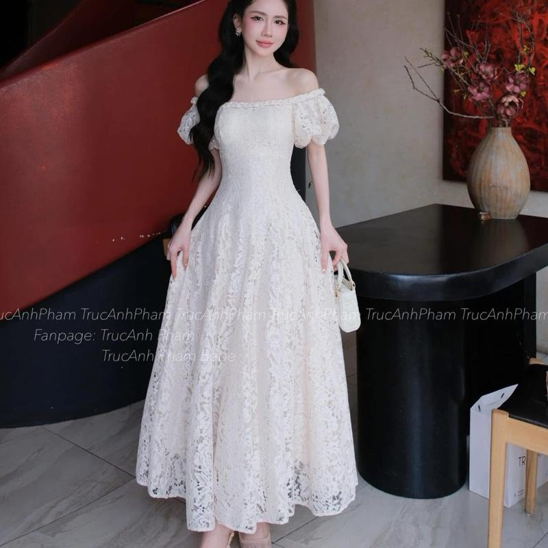 Váy thiết kế ren trễ vai tay bồng viền tết dây dáng xoè dài