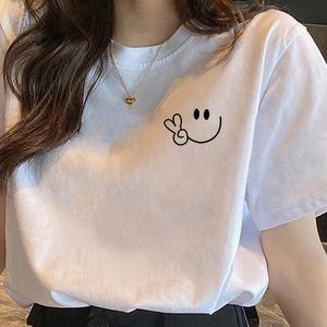 女性用半袖Tシャツ、かわいい笑顔プリントクルーネック、ゆったり、コットンカジュアルトップス、クルーネック、ゆったりシルエット、レディースサマープリントTシャツ