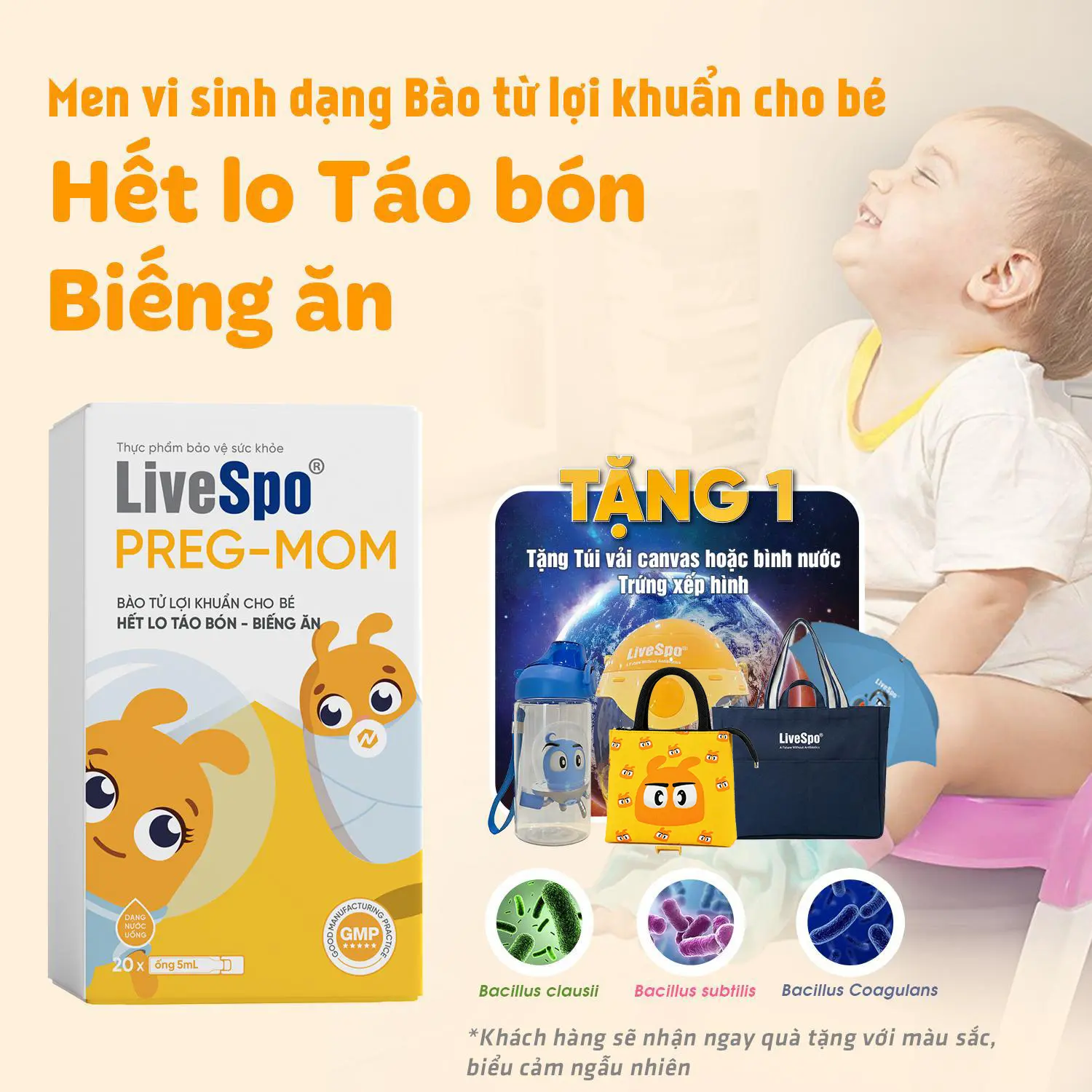 Men vi sinh cho Trẻ LiveSpo PREGMOM - 60 tỷ bào tử lợi khuẩn hỗ trợ giảm táo bón, Chậm Tăng Cân, ăn ngon Cho Bé (Hộp 20 ống)
