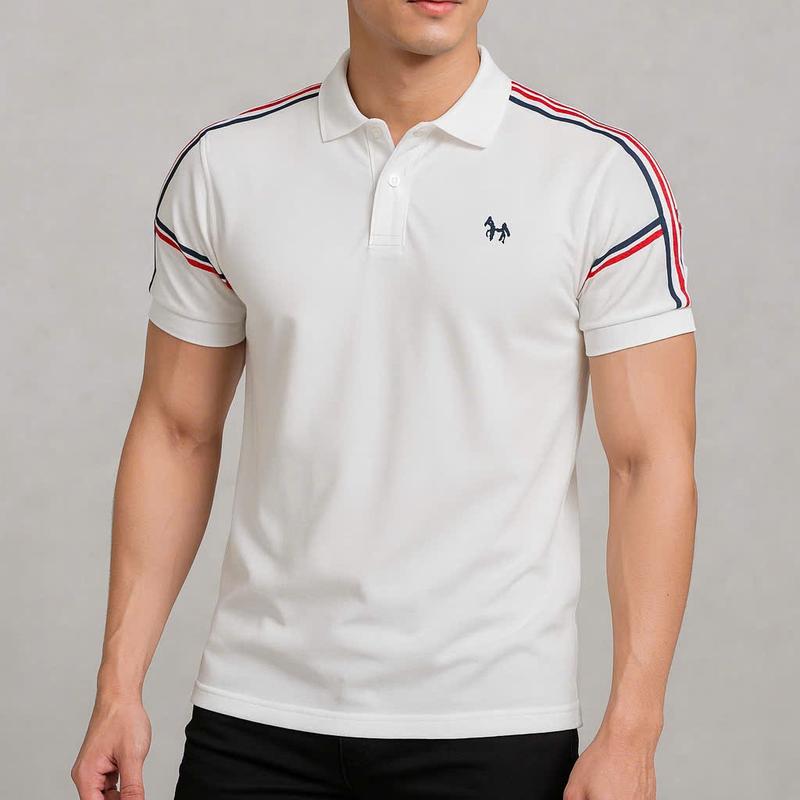 ÁO THUN POLO VẢI POLY TRẮNG PHỐI VIỀN VAI ĐỎ THÊU CHÚ NGỰA SANG TRỌNG LỊCH LÃM