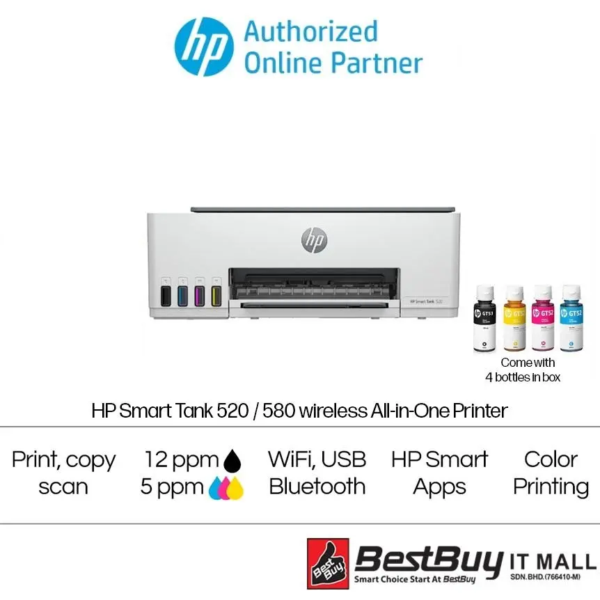 HP All In One Printer Smart Ink Tank 520 USB/ 580 Wifi