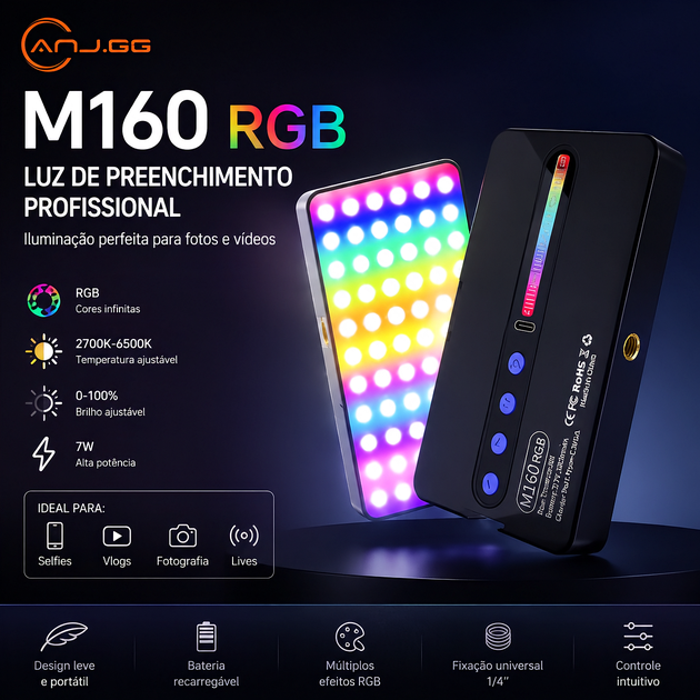 Luz de Preenchimento RGB M160 Recarregável 2700K-6500K para Celular – Selfie, Vlog, Fotografia e Vídeo Profissiona