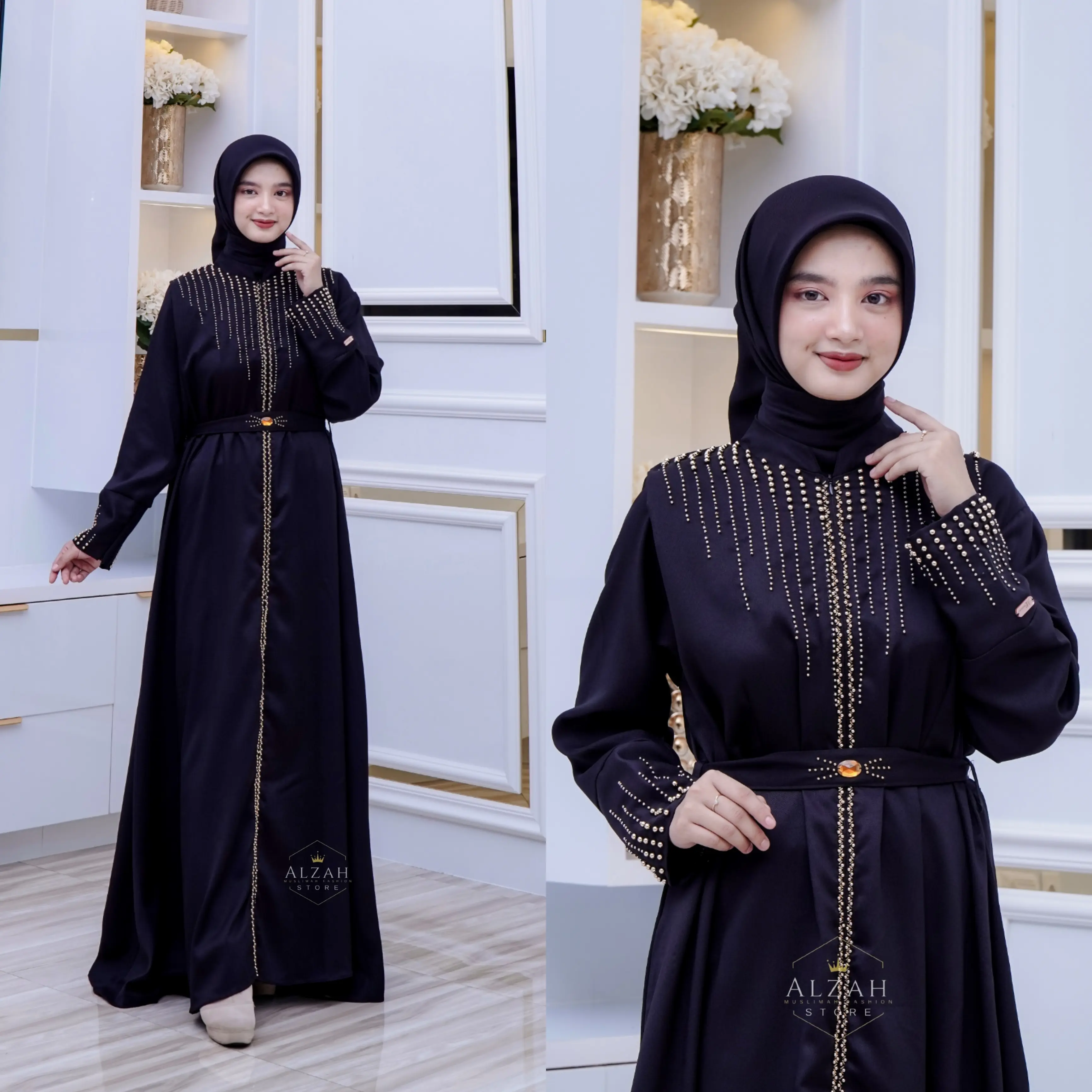 Set Abaya Gamis Pesta Wanita Arab Turkey Muslim Elegan dengan Payet Mutiara Bordir Hitam - Alzah Store