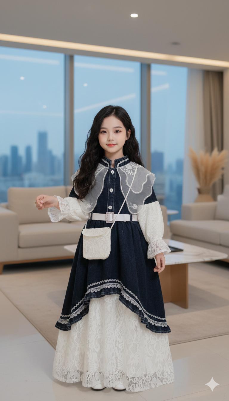 MW-SHOP - Gamis Jeans Organza Mix Brukat Anak Perempuan Free Belt + Tas / Baju Gamis Denim Raya Anak Orang Viral -  Fashion Raya Anak Model Korean Style