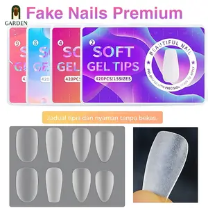 Nail Garden Soft Gel Tips 420pcs Kuku Palsu Nail Extension Full Buff 15 Size Ultra Thin Wearable Nails Kuku Palsu Almond