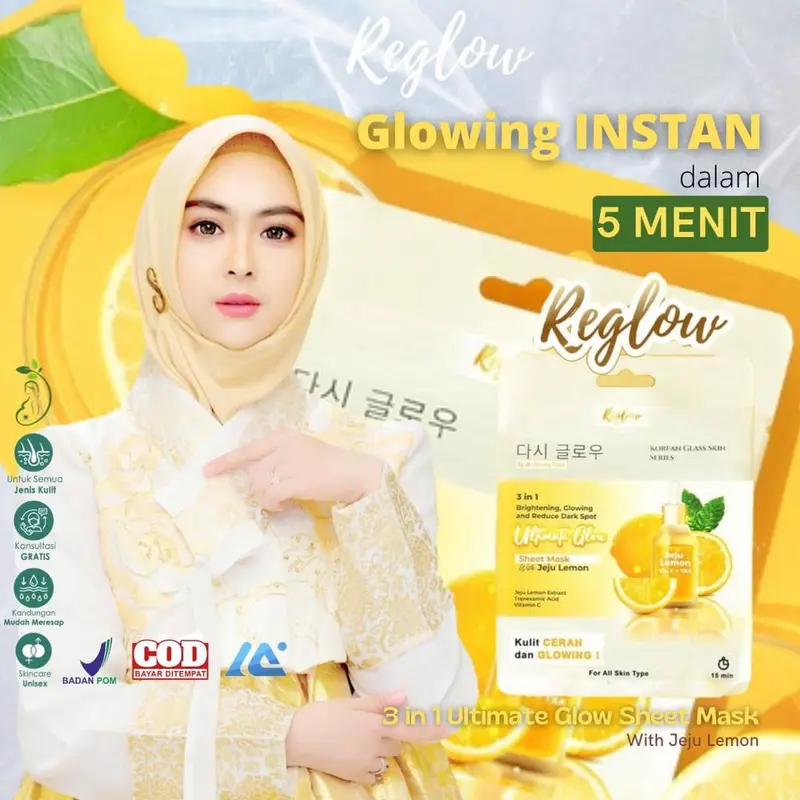 Reglow Sheet Mask 25 g / Masker Wajah 3in1 Ultimate Glow with Jeju Lemon / Mencerahkan Melembabkan Menghilangkan Flek Hitam Muka 0