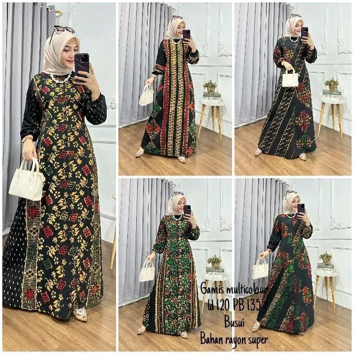 Gamis Cap - Batik Multi Colour Bahan Rayon Super Jumbo Gamis Kekinian By Batik Cincaro muslim Wanita gaun lebaran kaftan crinkle maxi satin twill vanya hitam 《m》 • black baju brokat kondangan 2024 exclusive Premium 5