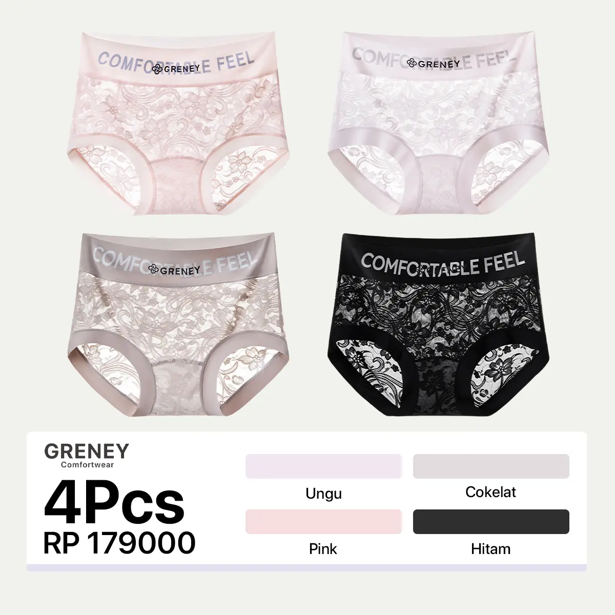 GRENEY-4Pcs CD Renda Pinggang Karet Huruf-Renda CD Fashion Breathable Huruf Paduan Selangkangan panjang Anti lembap Cocok untuk segala bentuk bokong Seamless Elastis tinggi-89990002/89990015