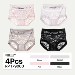 [SPECIFIC]-GRENEY-4Pcs CD Renda Pinggang Karet Huruf-Renda CD Fashion Breathable Huruf Paduan Selangkangan panjang Anti lembap Cocok untuk segala bentuk bokong Seamless Elastis tinggi-89990002/89990015