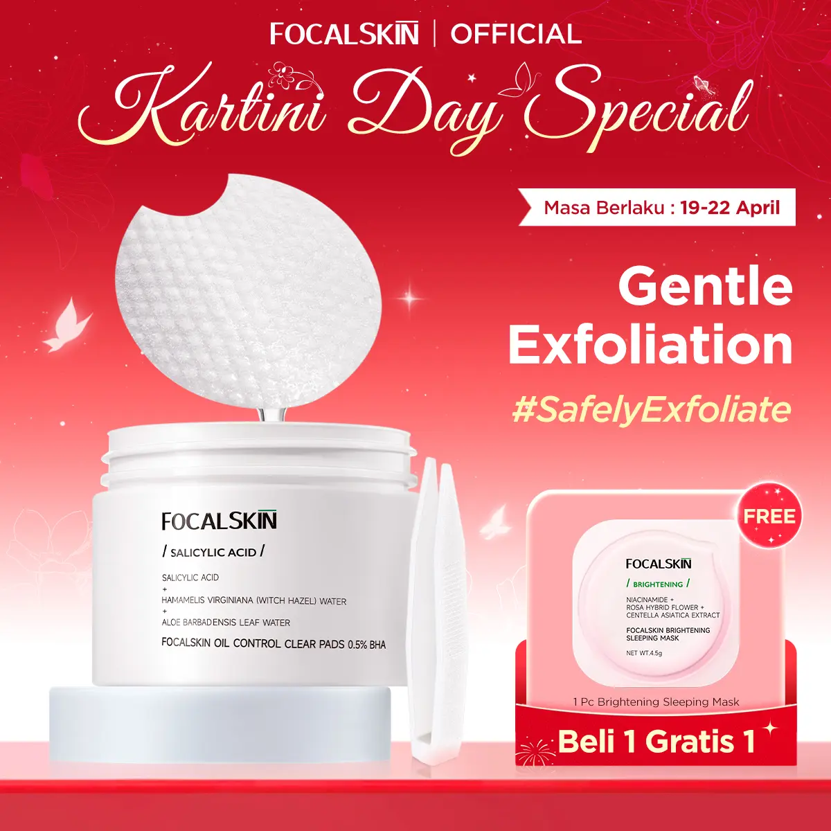 FOCALSKIN Acne Safely Exfoliate Clear Pad 60 pads Kapas Exfoliating Pad 0.5% Salicylic Acid Eksfoliasi Wajah Cleaning Toner Pad Exfo Pad Untuk Berjerawat Bruntusan