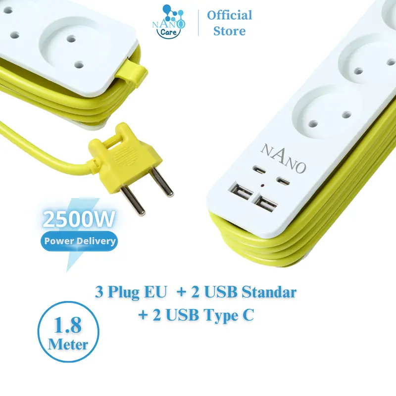 NANO Stop Kontak Traveling 3 Lubang 4 Port USB/ 3 Lubang 2 Port USB 2 Port Type C stop  kontak 1
