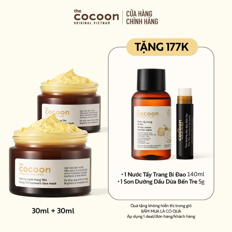 [COMBO MUA 2 NHẬN 4 - GIẢM 20%] Combo 2 Hũ Mặt nạ nghệ Hưng Yên Cocoon giúp da rạng rỡ & mịn màng 30ml Tặng 1 Tẩy trang bí đao 140ml + 1 Son dừa Bến Tre 5g