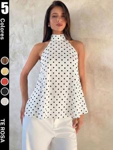Top halter de lunares para mujer, blusa sin mangas de gasa con cuello alto y corte en línea A, camisa estilo universitario vintage casual para una noche de citas