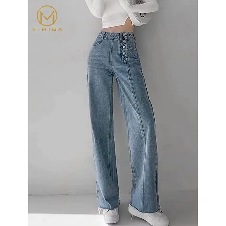 F·MIGA C30 Korean Style Celana Jeans Kulot Highwaist Straight  Panjang Loose Pants Celana Jeans Wanita - Biru