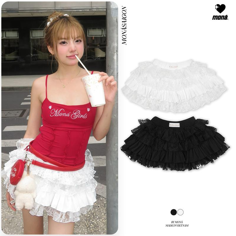 Chân váy nữ ngắn xoè nhiều tầng vải kate phối ren hoạ tiết thêu hoa MONÁ - SORA SKIRT Women