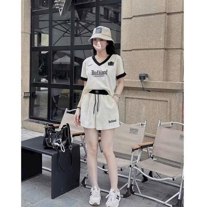 Set bộ đùi áo cổ tim mix quần đùi sooc, kẻ sọc torm dáng thể thao nam nữ đều mặc được chất cotton 2C mềm mát mịn
