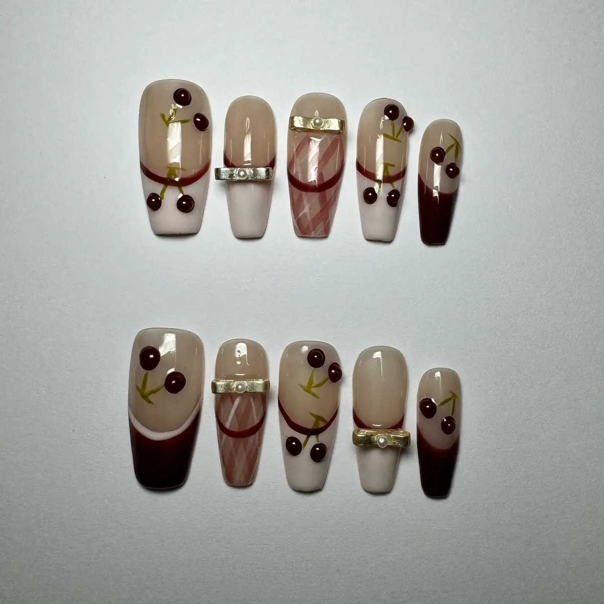 100% Handmade Red Cherries Long Press on Nail Set