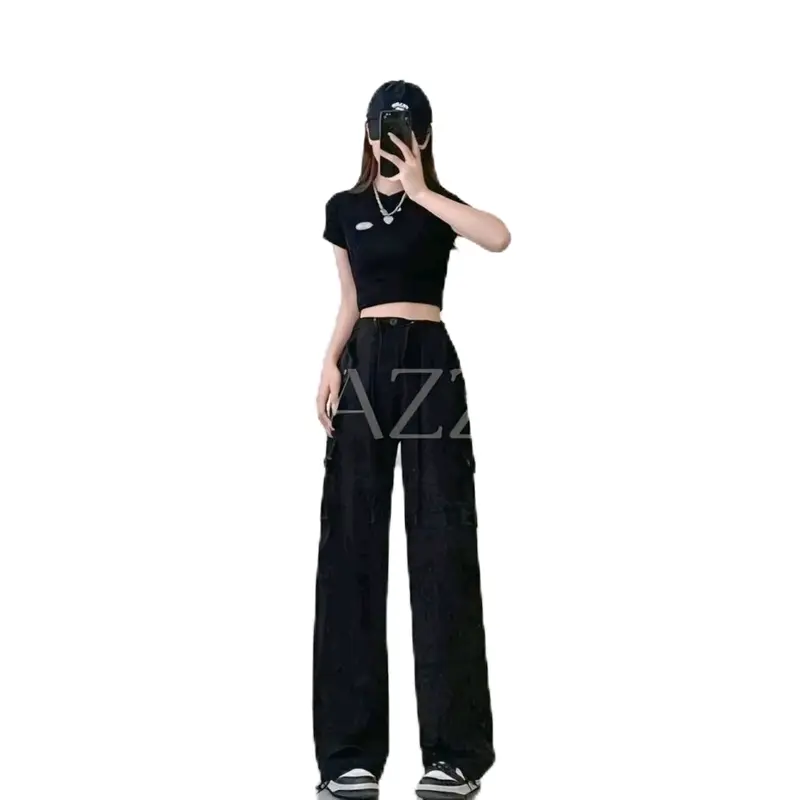 Celana Cargo Joger Wanita Model Korean Style Varian Tali Serut Highwaist Loose Kualitas Premium - Kulot, Panjang Karet Nyaman Formal Casual Samping Soft 4