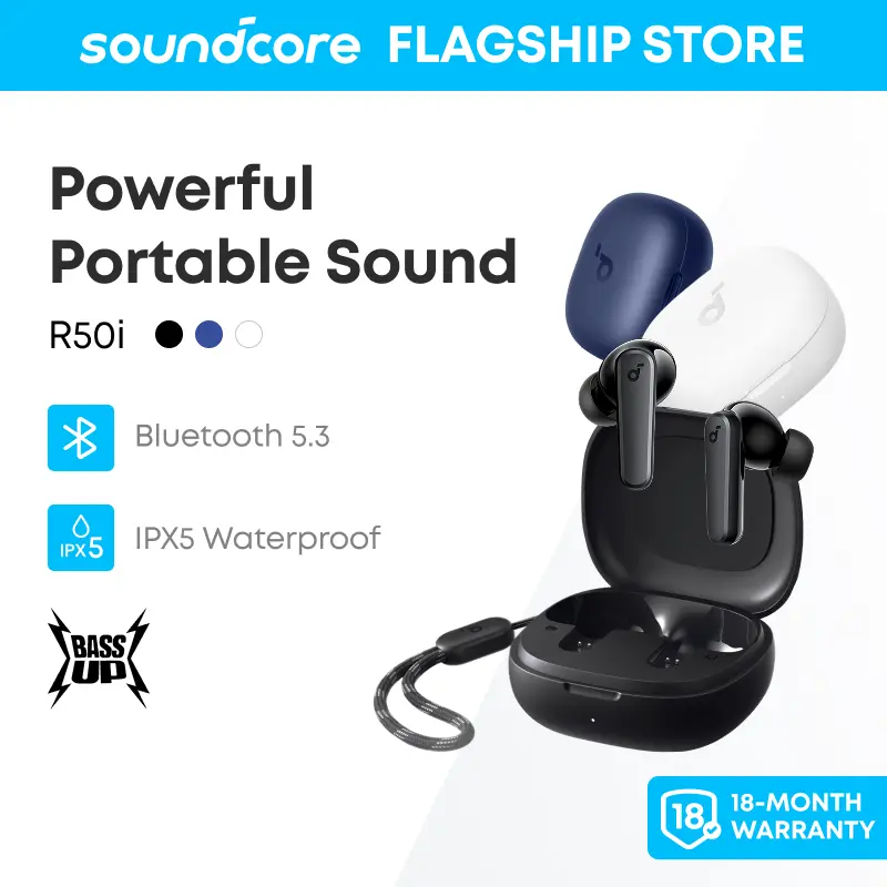 BÁN CHẠY | Tai nghe Bluetooth Soundcore - Anker R50i, Trình điều khiển loa 10mm với âm trầm lớn, Bluetooth 5.3, Thời gian sử dụng kéo dài 30 giờ, Chống nước, 2 Mic cho Cuộc gọi AI, 22 EQ cài đặt sẵn, Tùy chỉnh qua app