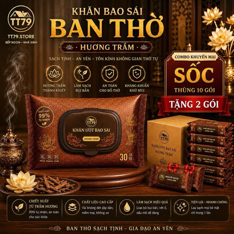 Combo 10 gói khăn ướt bao sái lau bàn thờ có mùi trầm hương và quế làm sạch và…