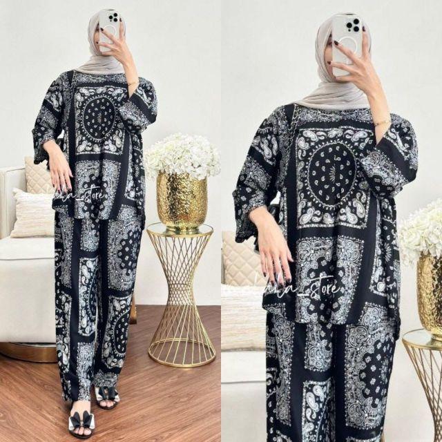 Setelan Wanita Oneset Wanita Setelan Rayon Celana Kulot Atasan Rempel Bahan Rayon Motif Adem Dan Nyaman  Baju Dewasa Remaja Panjang Santai Muslim Bawahan Lembut hitam Busui Rayon Premium Exclusive Kekinian Lebaran Atasan Wanita Celana Kulot