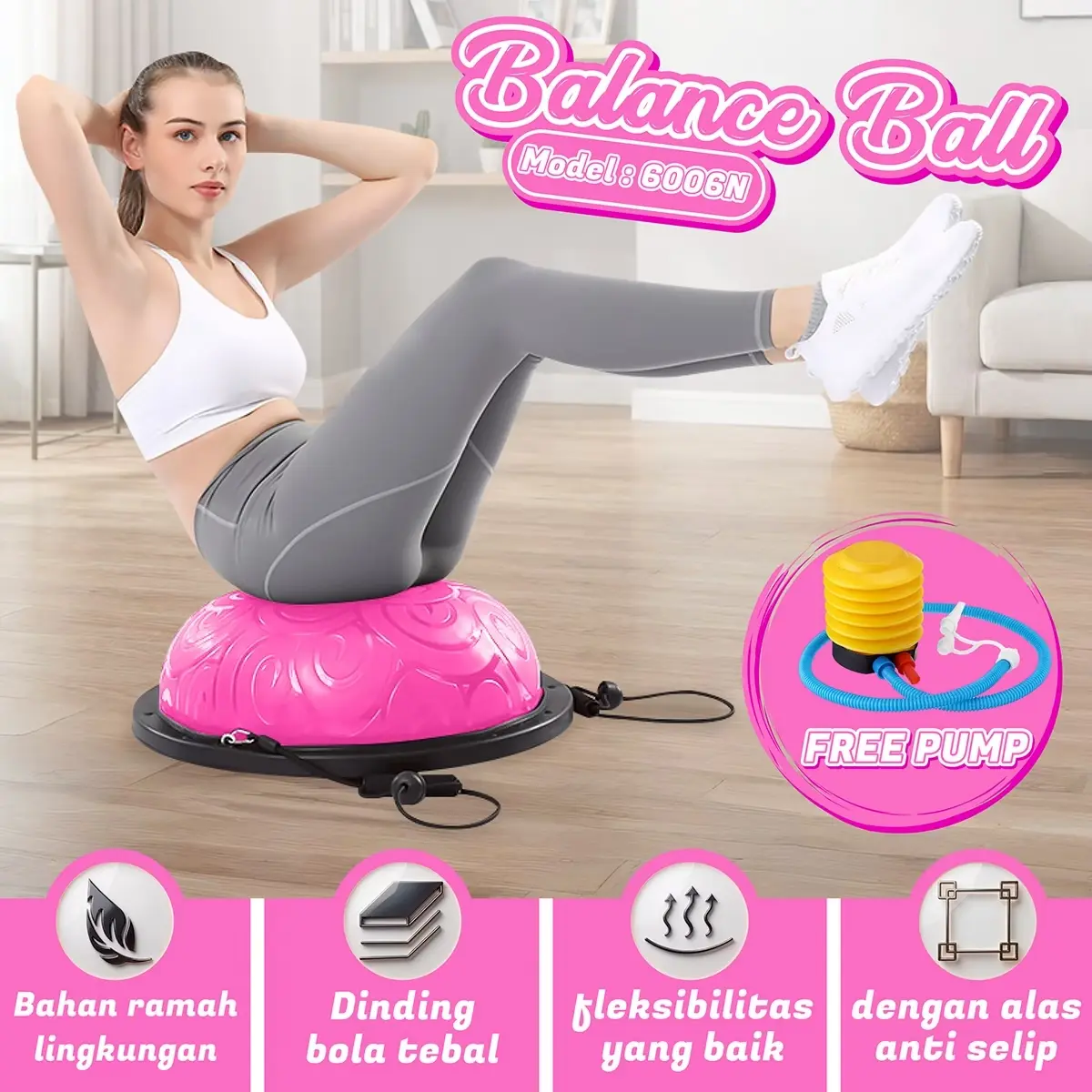 BG Sport Balance Ball Bosu Yoga Alat Olahraga Gym Pilates Fitness Rumahan Ibu Hamil
