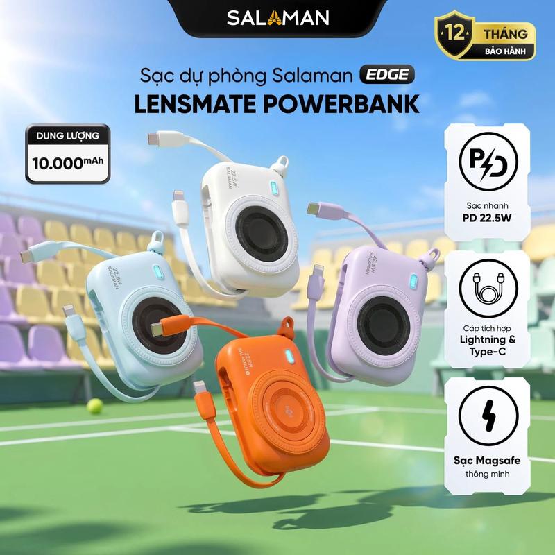 Sạc dự phòng Salaman Lensmate 10000mAh - Sạc nhanh chuẩn PD 22.5W, tích hợp dây sạc USB-C + Lightning, hỗ trợ sạc không dây cho điện thoại & đồng hồ, màn hình LED hiển thị pin, thiết kế nhỏ gọn, thời trang, tiện lợi, bảo hành 12 tháng