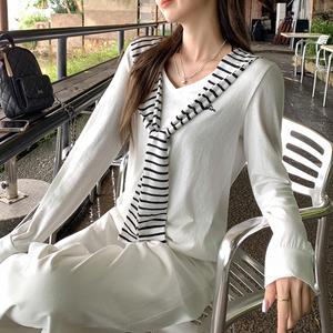 Women's V-Neck Long Sleeve Letter Embroidery Shawl Top, Fall New Loose Fit Slimming Casual Blouse, Women's Fashion Clothing 3528 Womenswear Stripe Striped Vneck Fitted