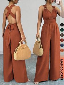 Mono de una pieza con cuello en V, cintura anudada y piernas anchas | Mono para mujer | Conjunto casual de verano | Ropa vacacional para mujer