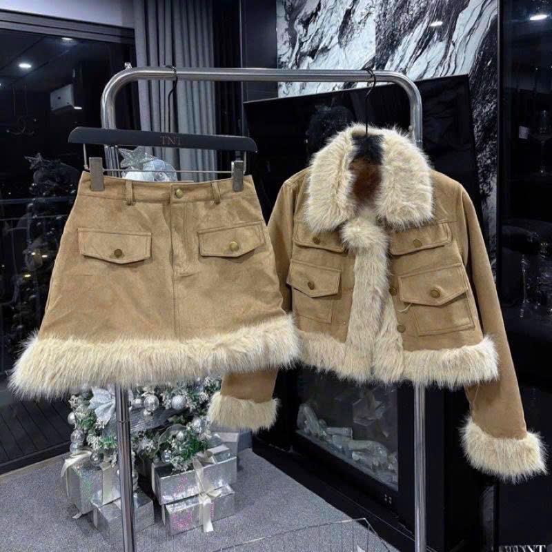 HP Set Áo Da Lộn Nâu Tây Chạy Lông Phối Chân Váy Dáng A Túi Nắp Cúc Đồng 2 Lớp Lót Gió Thiết Kế Tinh Tế Tiện Dụng