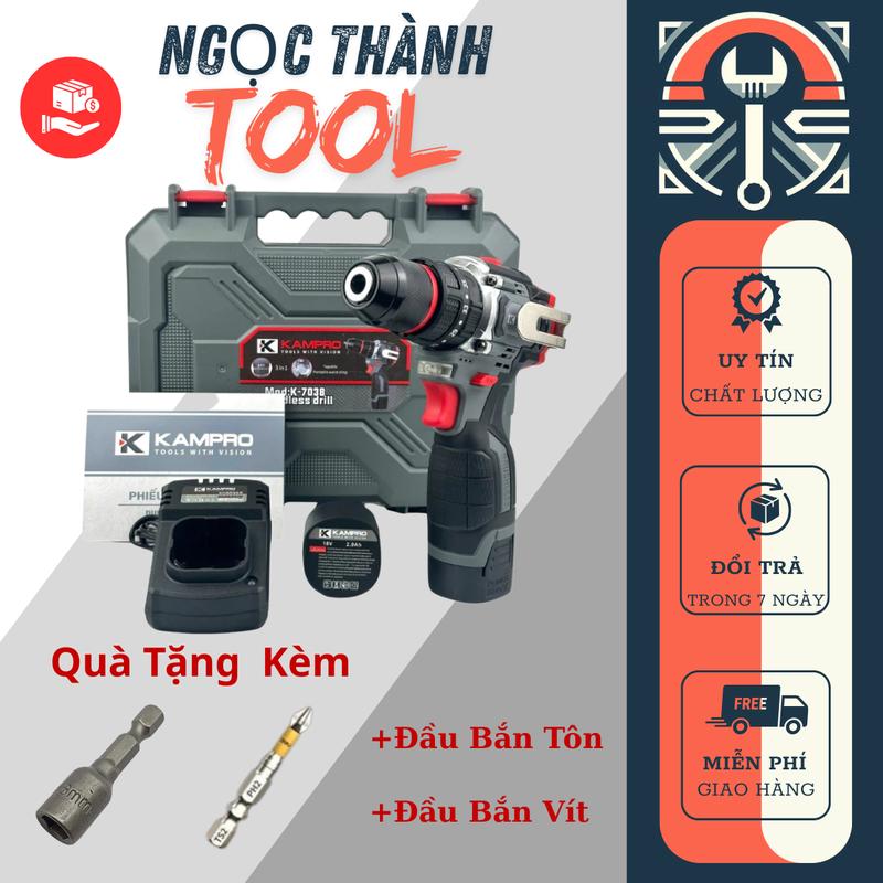 Máy Khoan Pin Kampro K-7038 3 Chức Năng Đầu Kẹp Autolock Động Cơ Không Chổi Than