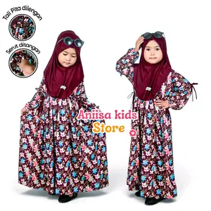 Gamis Anak Naila Motif Bunga Serut Pinggang Usia 0-12 Tahun Bahan Jersey Halus Lembut Free Hijab