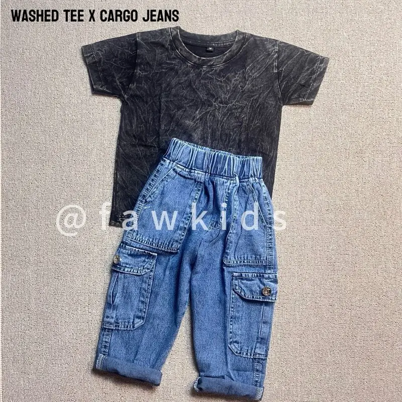 [FAWKIDS] SETELAN ANAK-SETELAN WASHED TEExCARGOJEANS-SETELAN ANAK KEKINIAN-SETELAN CARGO-KAOS-CELANA