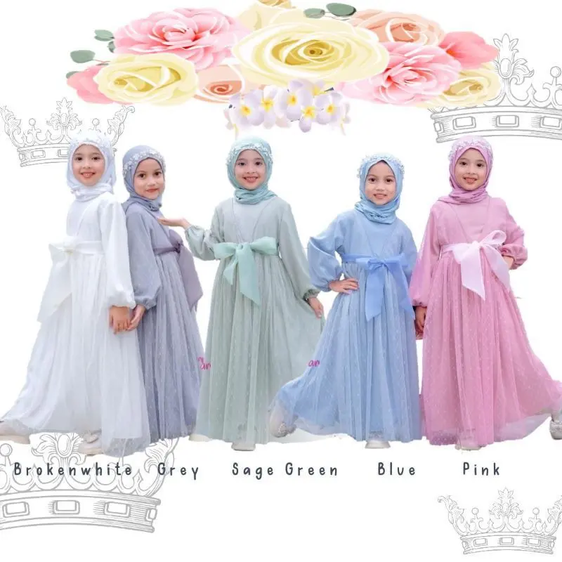 Gamis anak perempuan muslim mewah terbaru gaun putih mutiara panjang tile lebaran Ladys Kid Pita Baju Dress 5