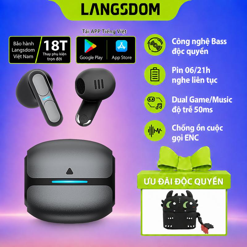 Tai Nghe Bluetooth Gaming Langsdom Theta, Bass cực căng, APP TIếng Việt, Độ trễ…