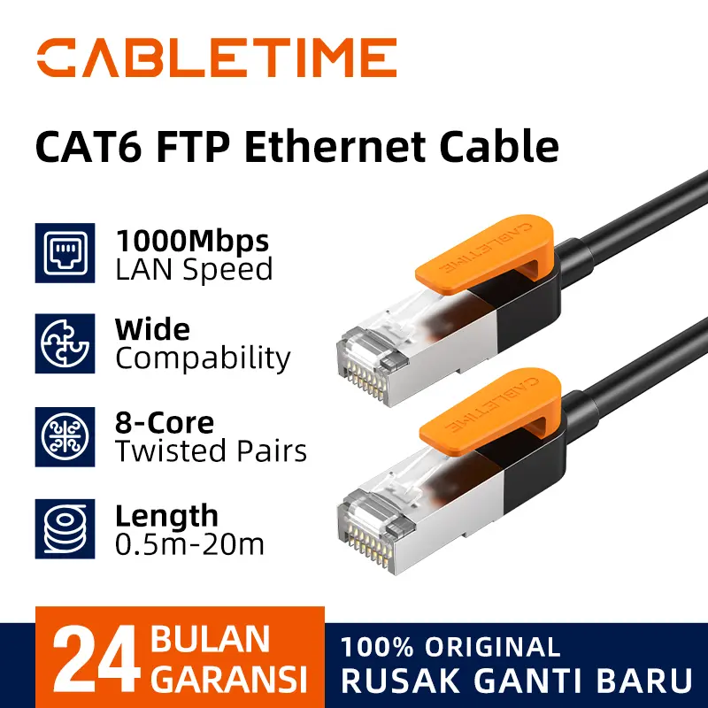CABLETIME Kabel LAN RJ45 Cat 6 Gigabit Ethernet FTP Cable 1000Mbps 1Gbps High Speed Panjang 0.5M- 5M CN61