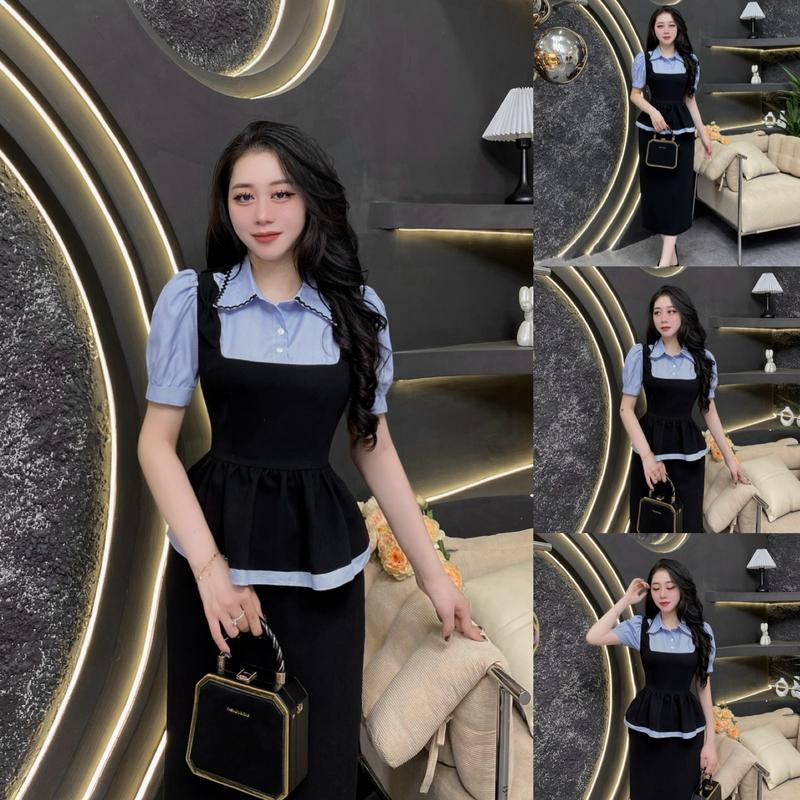 D60 - Váy Thiết Kế Evii dành cho nữ, Đầm thiết kế cổ đức phối kẻ nơ liền, Peplum liền thân dáng bút chì xuông phù hợp đi làm, đi chơi và đi dự tiệc. Có Bigsize  Women Dress