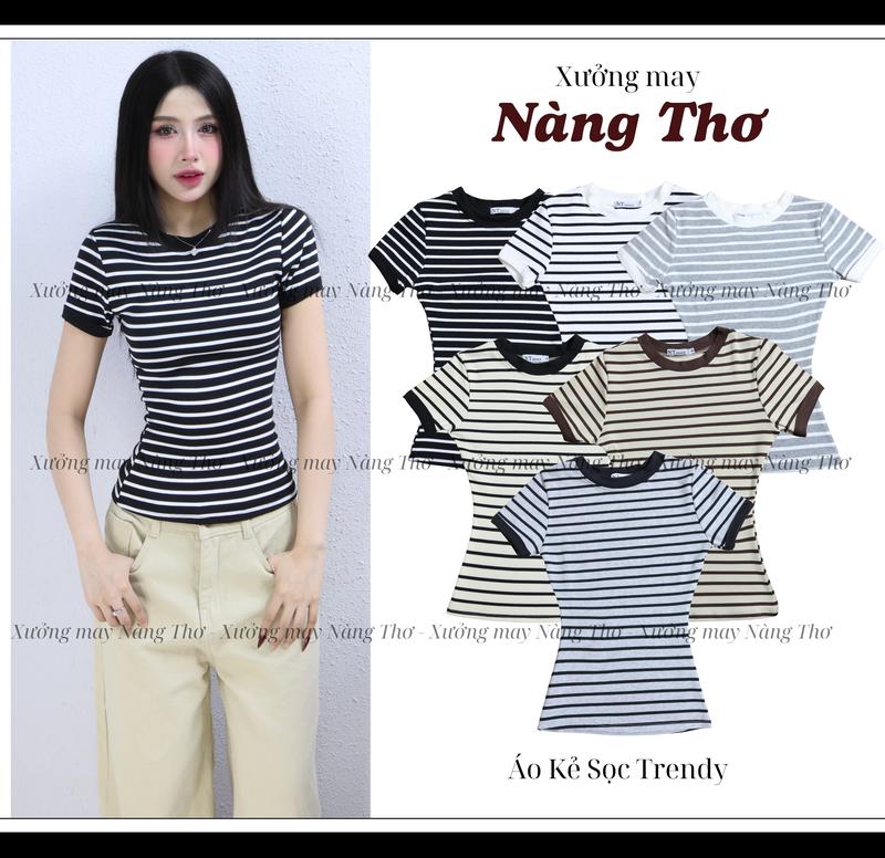 363 Áo Bo Viền Kẻ Sọc Basic Cổ Tròn Chất Cotton Mịn Áo Ôm Body Nữ