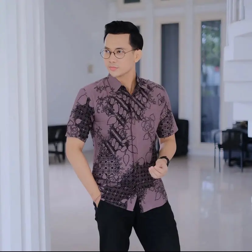 lengan pendek bunga Taro kemeja batik pria lengan pendek slimfit bahan katun prima lapis furing Baju Tebal