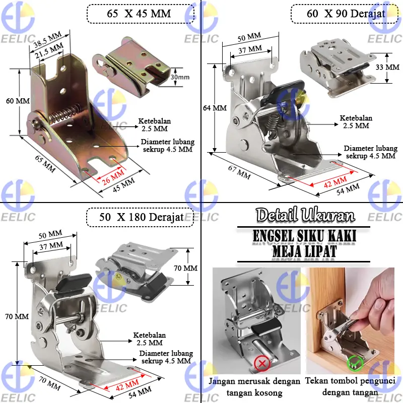 EELIC BRS-65X45MMSIKUL Bracket Siku Kaki Meja Lipat Dengan Desain Sudut Yang Dapat Dibuka Lipat Hingga 90 Derajat 2