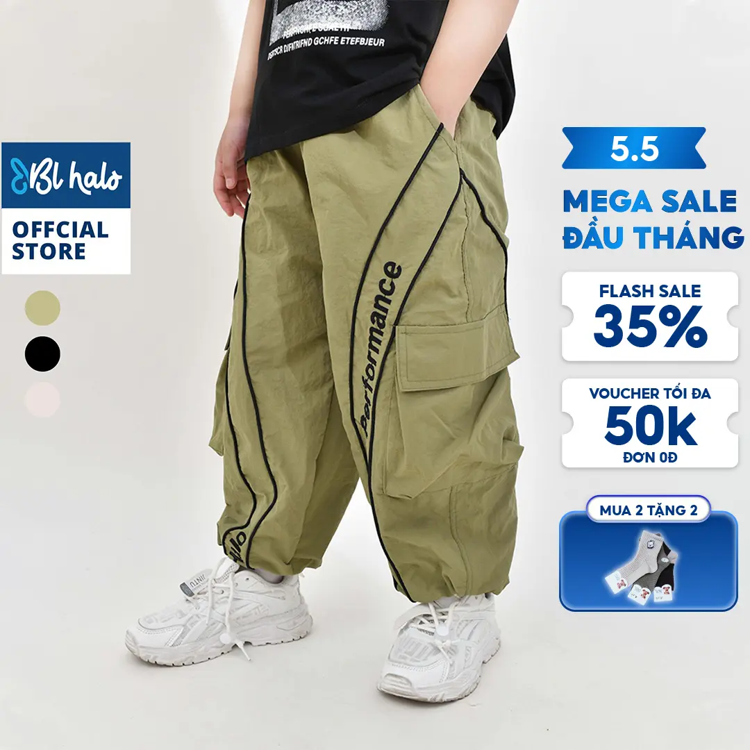 Quần Dài Bé Trai 8-38kg (2-9 tuổi) Quần Gió Túi Hộp BL HALO Dáng Rộng Màu Xanh Vải Dù Phong Cách Thời Trang Năng Động QGD23