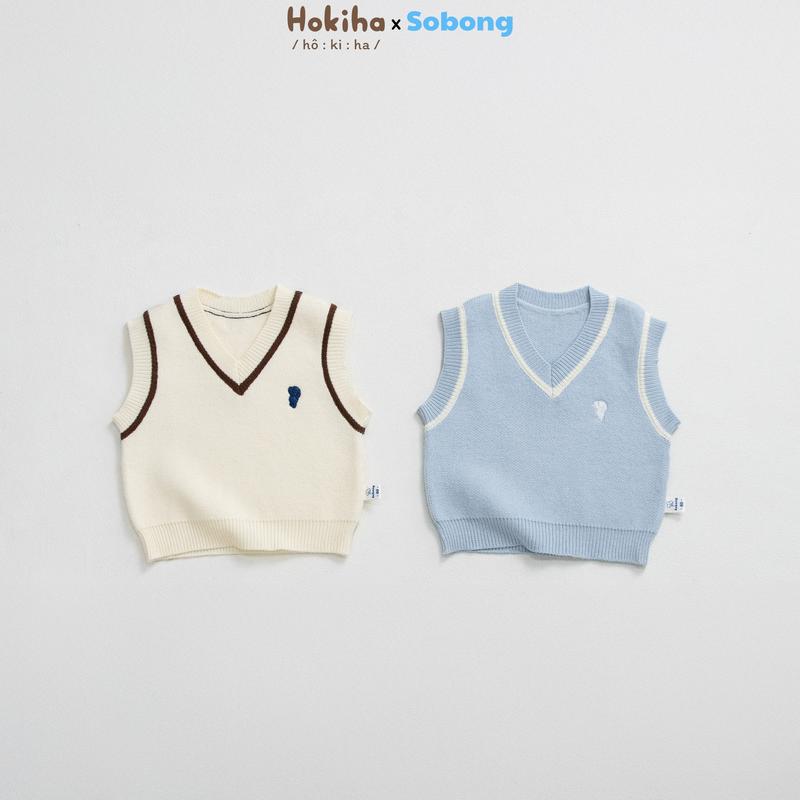 [Hokiha x Sobong] AL187-Áo gile len cổ V phối viền thêu gấu đáng yêu cho bé trai bé gái chất len mềm mại, dày dặn size 8-17kg