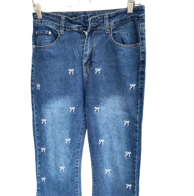 Celana Panjang Wanita Cutbray Jeans High Waist dengan Pita Bordir melar flare pants hip tell loose coquette cutbray wanita remaja xl Dewasa Bawahan 2
