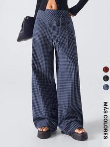 Un Pieza de Pantalones de Pierna Ancha Sueltos con Nudo de Cuadros para Mujer, Estilo Minimalista y Vintage Británico, para el Trabajo y el Ocio, Navidad