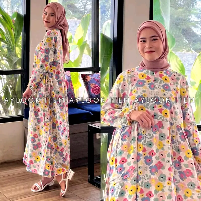 MIDI DRESS RAYON MOTIF BUNGA/ HOMEDRESS BUDUI FRIENLY WANITA MOTIF TERBARU Gamis Muslim Remaja Dewasa Fit Tebal Standar Samping 8