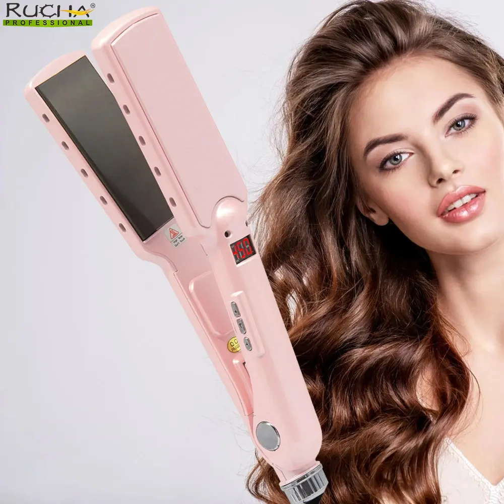 RUCHA Professional Hair Straightener Wide Plate Titanium Flat Iron Rapid Heating LCD Display PTC Treatment Hair Iron and Brush Electrical Plug Comfort