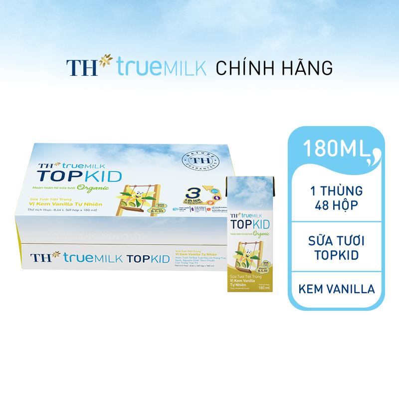 Thùng 48 hộp sữa tươi tiệt trùng TH true MILK TOPKID Organic vị kem vanilla tự nhiên 180 ml (180 ml x 48)