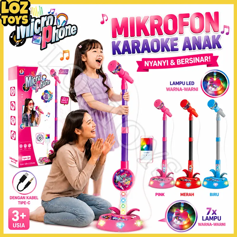 Mikrofon Karaoke Anak LED + Stand, Mainan Bernyanyi Anak Perempuan Laki-laki, Lampu 7 Warna, Kualitas Suara Jernih, Kabel Type-C